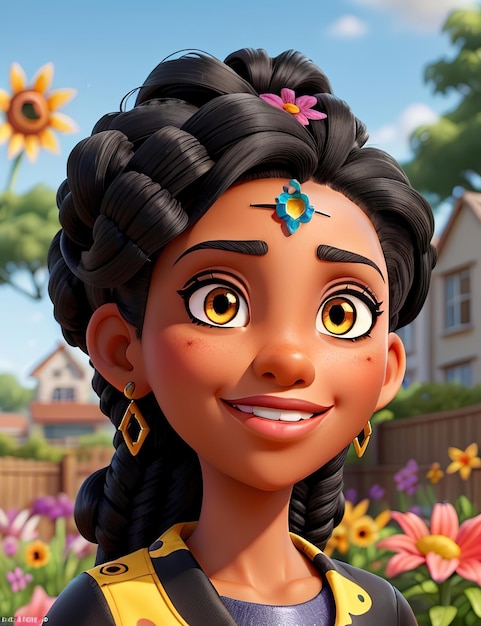Czarna kobieta, czarne włosy, duże żółte oczy, kolczyki, ozdoby kwiatowe i różne kwiaty na tle.