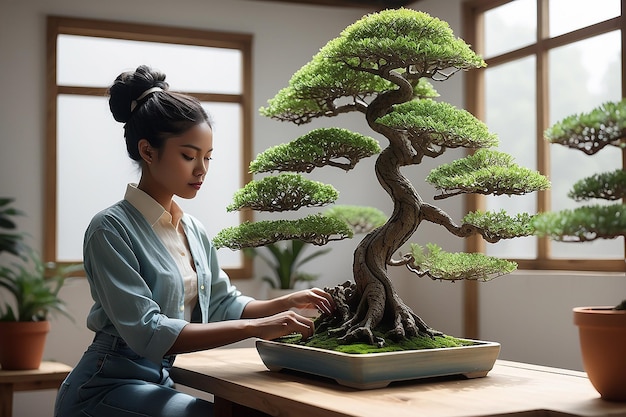 Czarna kobieta dbająca o kolekcję drzew bonsai Generatywna sztuczna inteligencja