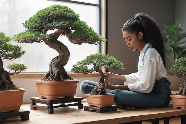 Czarna kobieta dbająca o kolekcję drzew bonsai Generatywna sztuczna inteligencja