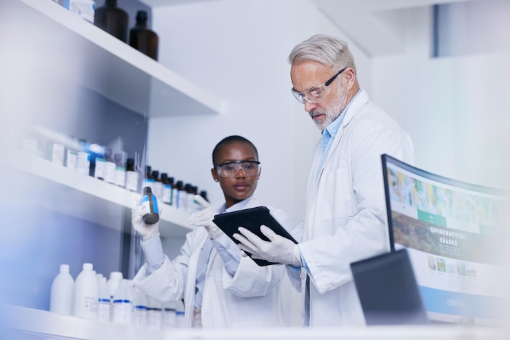 Zdjęcie czarna kobieta i mężczyzna naukowi z tabletem w laboratorium w celu uzyskania listy inwentarza chemikaliów do badań biotechnologicznych zespół naukowców w laboratorium z cyfrową listą kontrolną zapasów badanego produktu farmaceutycznego