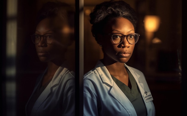 Czarna kobieta poważna i myśląca lekarz szpitalny wschód słońca odnowy biologicznej planowanie przyszłości i pomysły na wizję