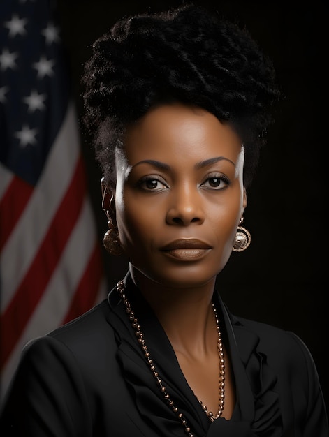 Czarna kobieta pozuje do oficjalnego zdjęcia prezydenckiego i flagi USA w tle