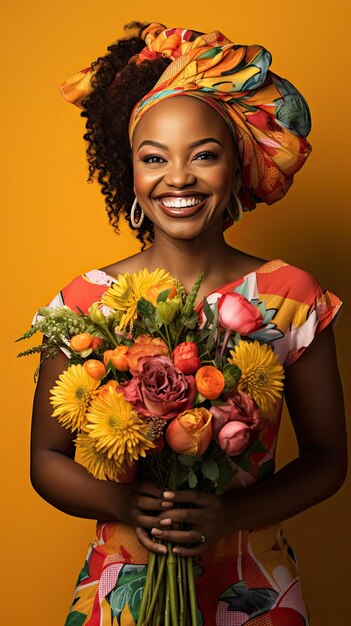Czarna kobieta trzyma bukiet kwiatów kwiaciarnia