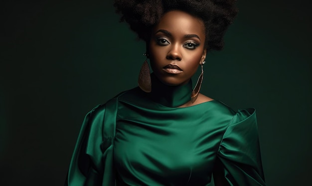Czarna kobieta ubrana w zieloną modną odzież generatywną AI