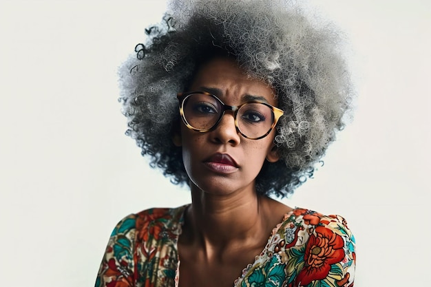 Czarna kobieta w okularach z dużą przestrzenią do kopiowania