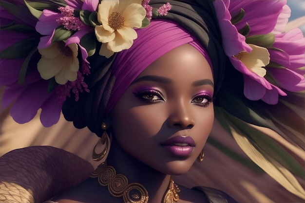 Czarna kobieta w stylu afrykańskiego turbanu na tle kwiatu Generatywne AI