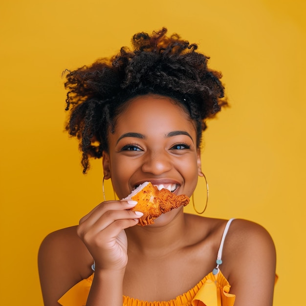 czarna kobieta w żółtej sukience jedząca kawałek kurczaka