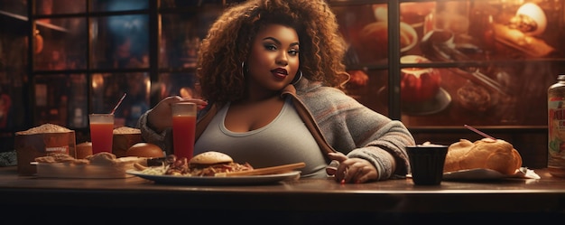 Czarna kobieta wielkości plus je śmieciowe jedzenie w restauracji.
