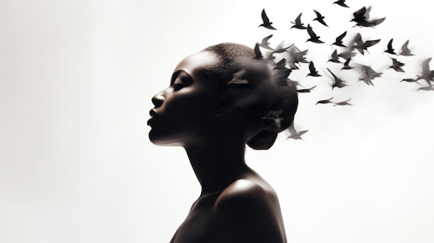 Czarna kobieta z ptakami rozpraszającymi się z głowy koncepcja zdrowia psychicznego AI Generowana treść