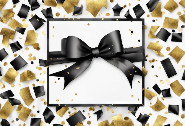 Czarna kokardka ze złotym konfetti na tle koncepcji prezentów świątecznych i wyprzedaży w kolorze czarnym