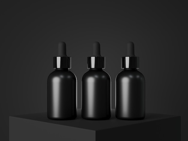 Czarna kosmetyczna butelka z kroplomierzem makieta opakowania serum do twarzy i produktu do pielęgnacji wizualizacji marki