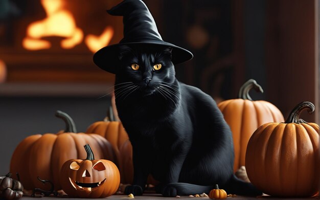 Zdjęcie czarna kotka z dynią na halloween