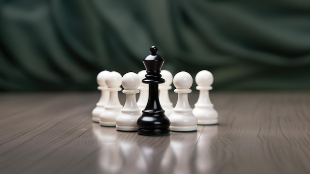 Czarna królowa szachowa otoczona białymi pionkami