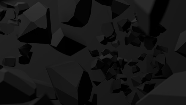 Czarna kula złamana, czarne tło. Streszczenie monochromatyczne ilustracja, renderowanie 3d, zbliżenie.