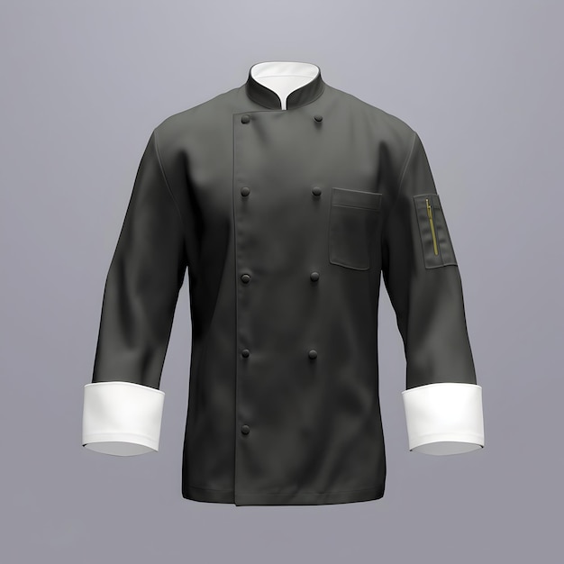 Czarna kurtka szefa kuchni z dwoma rzędami przycisków i kołnierzem z przodu