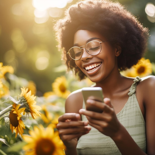 Czarna letnia dziewczyna uśmiecha się do smartfona