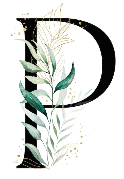 Czarna litera P z zielonymi i złotymi akwarelami liści i gałązek izolowana ilustracja Alfabet