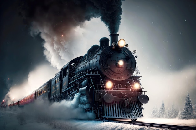 Czarna lokomotywa z ciemnym dymem niesie polarny pociąg ekspresowy stworzony za pomocą generatywnej ai