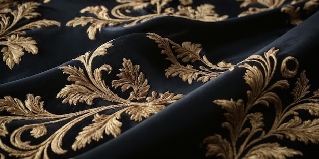 Zdjęcie czarna luksusowa tkanina jedwabna satynowa aksamitna z kwiatowymi kształtami złote nici luksusowe tapety elegancki abstrakcyjny projekt