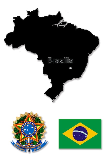 Czarna mapa Brazylii z symbolami państwowymi