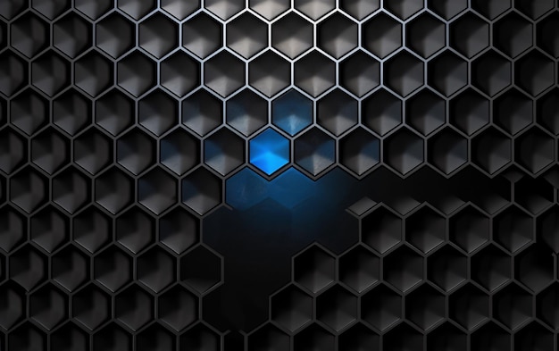 czarna metalowa ściana z niebieskim światłem na niejCzarny geometryczny sześciokąt abstrakcyjne tło pszczoła sur