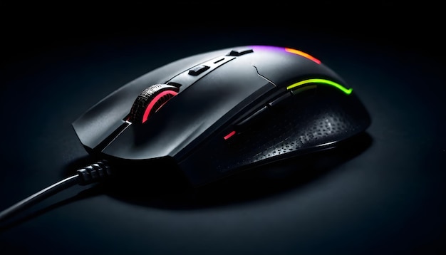 Czarna mysz do gier z wielokolorowym oświetleniem RGB na ciemnym tle