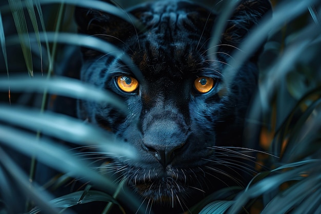 Zdjęcie czarna pantera patrzy z tropikalnej roślinności w dżungli w nocy