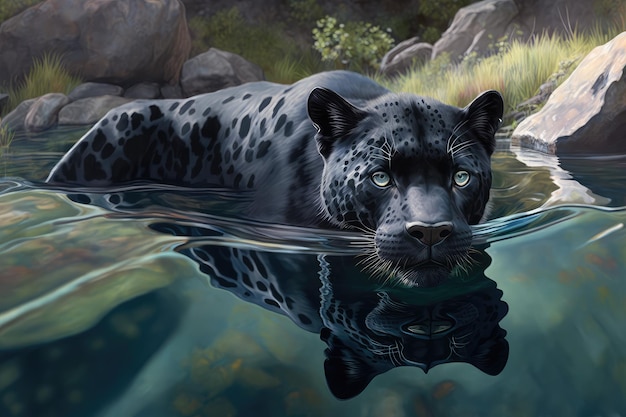 Czarna pantera pływająca w krystalicznie czystej rzece