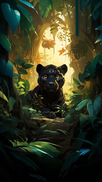 Zdjęcie czarna pantera siedzi w dżungli z ptakiem latającym.