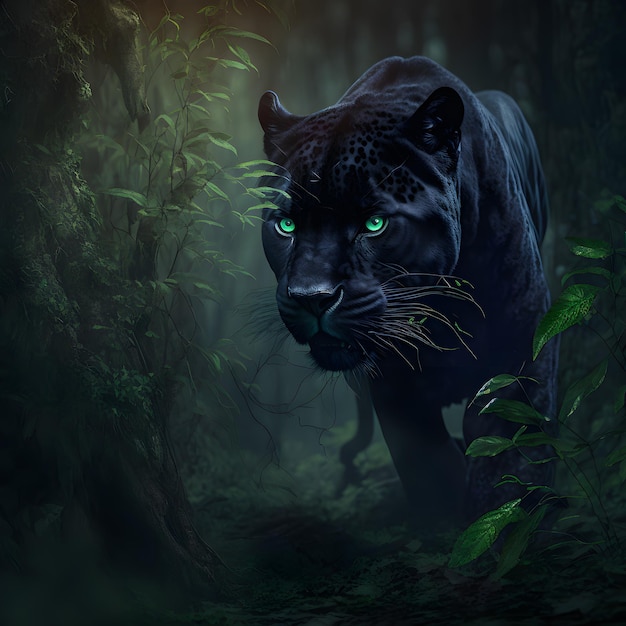 Czarna pantera z zielonymi oczami jest w ciemności