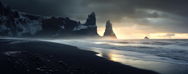 Zdjęcie czarna piaszczysta plaża reynisfjara w islandii