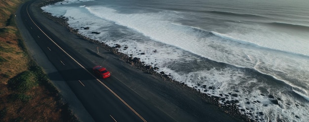 Czarna piaszczysta plaża z drogą i czerwonym samochodem na podróży wakacyjnej panoramie Generative Ai