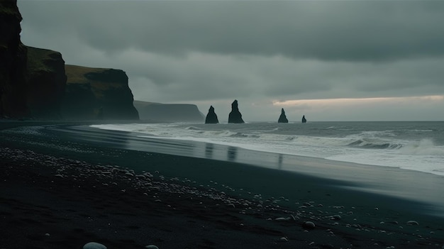 Czarna plaża z czarnym piaskiem i oceanem w tle.