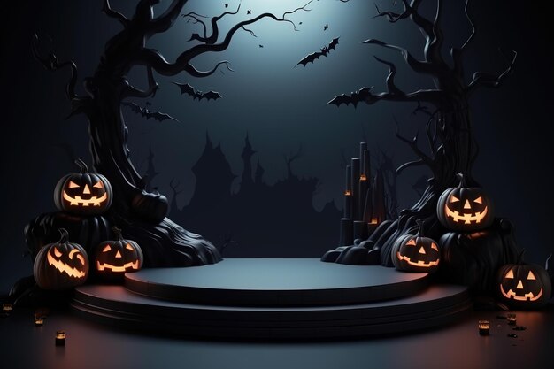 Czarna półka na podium lub pusty cokół z dyniami, pająkami, nietoperzami na ciemnym tle Halloween Puste stoisko do pokazywania produktu Makieta banera Happy Halloween Renderowanie 3D