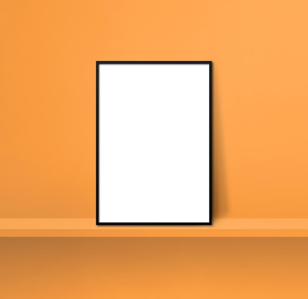 Zdjęcie czarna ramka na zdjęcia oparta na pomarańczowej półce. ilustracja 3d. pusty szablon makiety. kwadratowe tło
