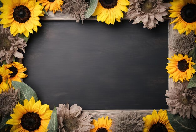 czarna ramka z kwiatami i słonecznikami na metalowym tle w stylu kamienia