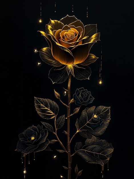 Czarna róża ze złotymi liśćmi ociekającymi 8-karatowymi neonowymi liniami, diamentami, które prześwitują przez jasną wodę