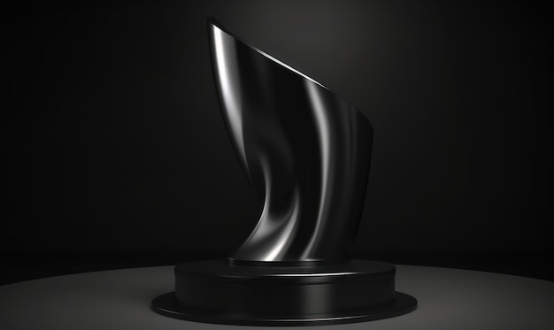 Czarna rzeźba o zakrzywionym kształcie siedzi na stole.