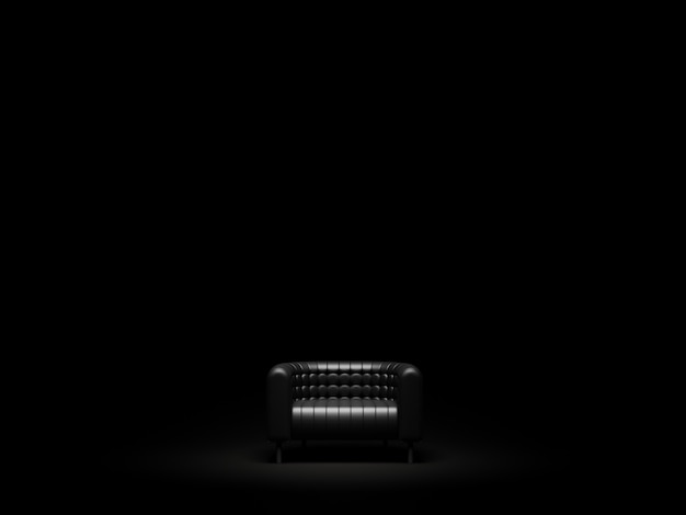 Czarna sofa w czarnym, szerokim pokoju. Renderowania 3D.