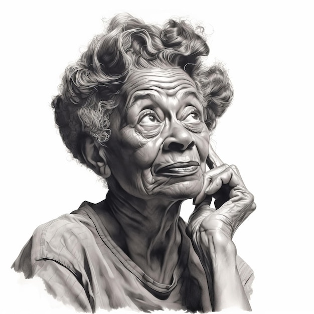 Czarna stara kobieta w myśleniu i wątpliwościach monochromatyczna ilustracja Postać kobieca z marzoną twarzą na abstrakcyjnym tle Ai wygenerował czarno-biały plakat szkicowy
