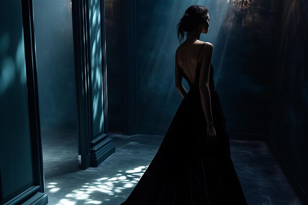 Czarna sukienka na wieczorny ślub w ciemnym pokoju