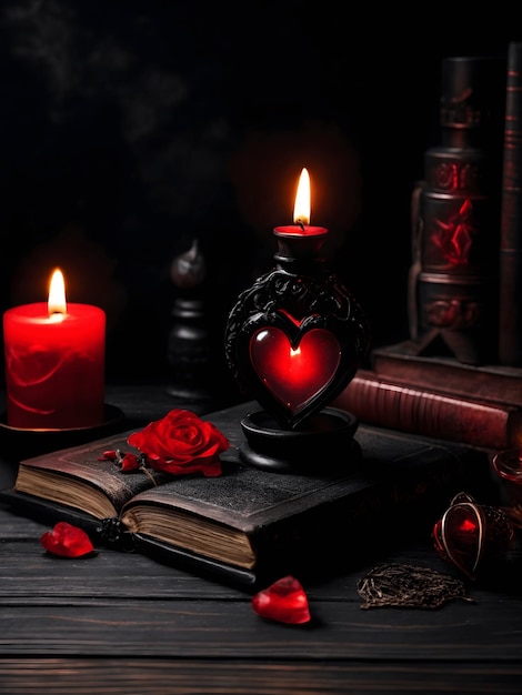 Czarna świeca z czerwonym eliksirem w butelce w kształcie serca i ritualne laski leżą na magicznej książce