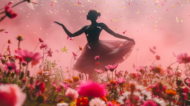 czarna sylwetka tańczącej kobiety na bukietie kwiatów latających na różowym tle