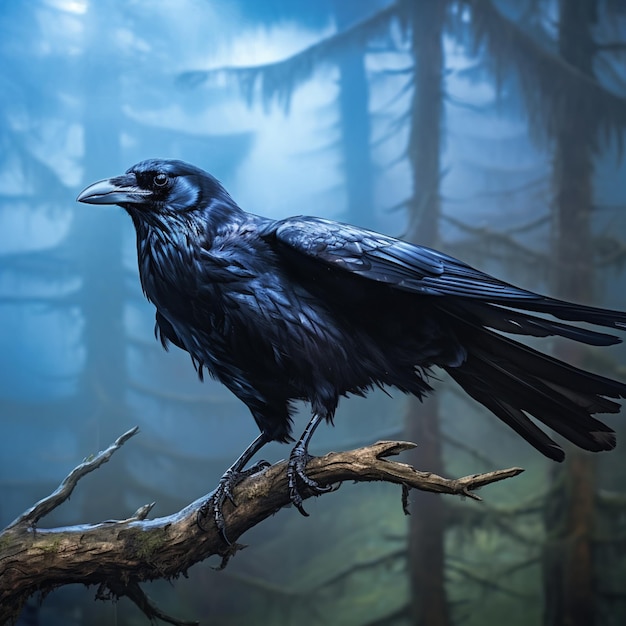 Czarna Wrona siedzi w lesie.