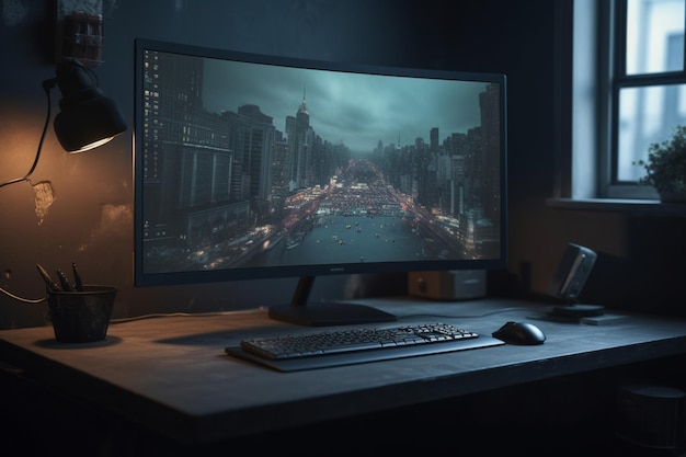 Czarne biurko z monitorem, na którym widnieje napis „miasto”.