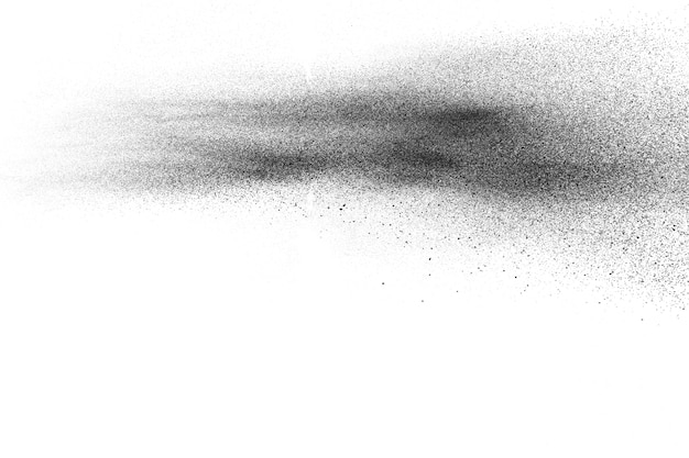Czarne cząsteczki splatter na białym tle. Czarny pyłu pluśnięcie na białym tle.