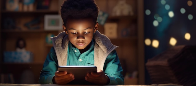 Czarne dziecko studiuje online z tabletem w domu Koncepcja technologii edukacji student e learning