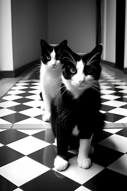 Czarne i białe koty na podłodze