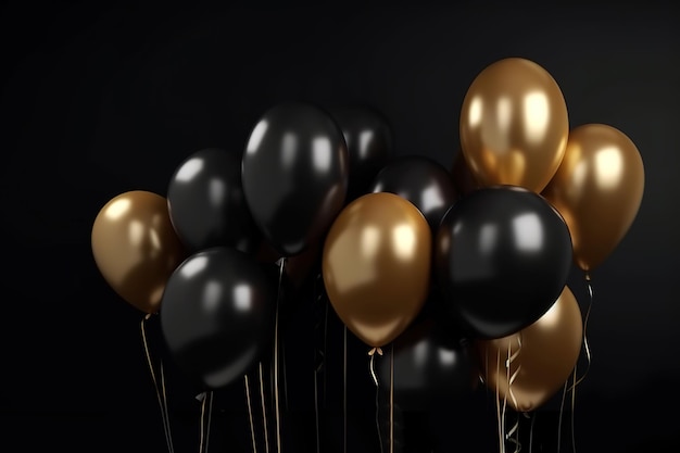 Czarne i złote balony izolowane na czarnym tle