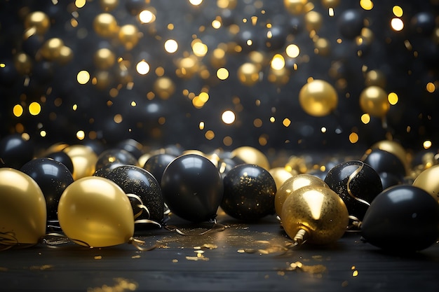 Czarne i złote balony urodzinowe na ciemnym tle z światłami bokeh